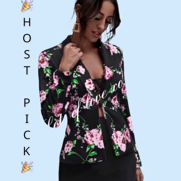 Jackets & Blazers - BLACK FLORAL PRINT SHAWL COLLAR BLAZER JACKET